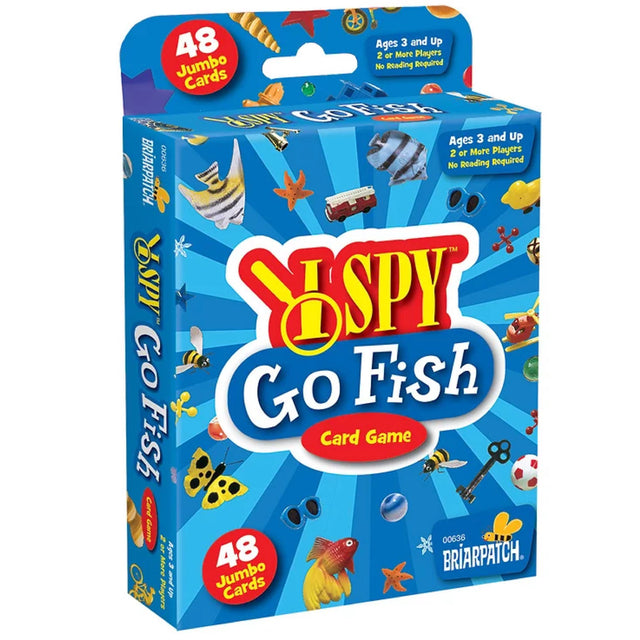I Spy Go Fish! Card Game box with colorful illustrations and 48 jumbo cards for ages 3 and up, 2+ players.