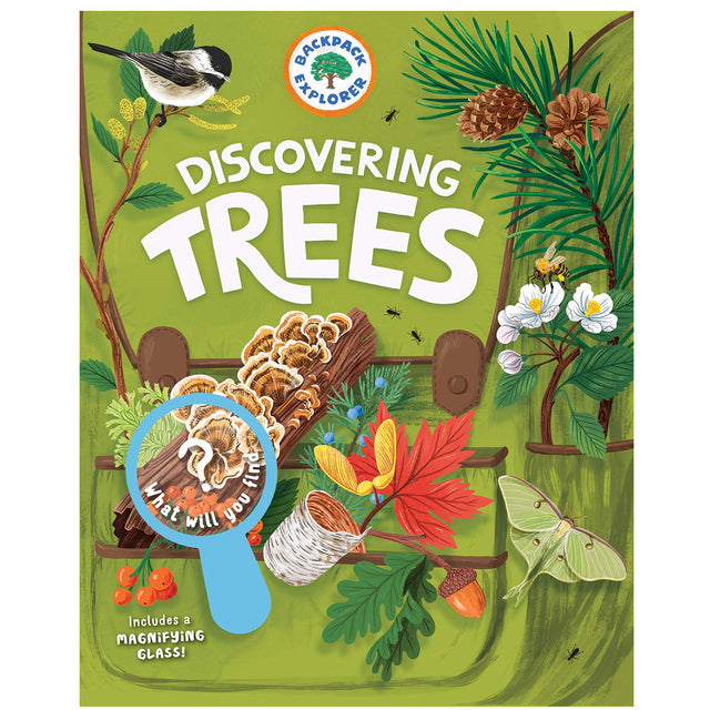 Backpack Explorer: Discovering Trees book cover with nature illustrations and a magnifying glass for kids' tree exploration.