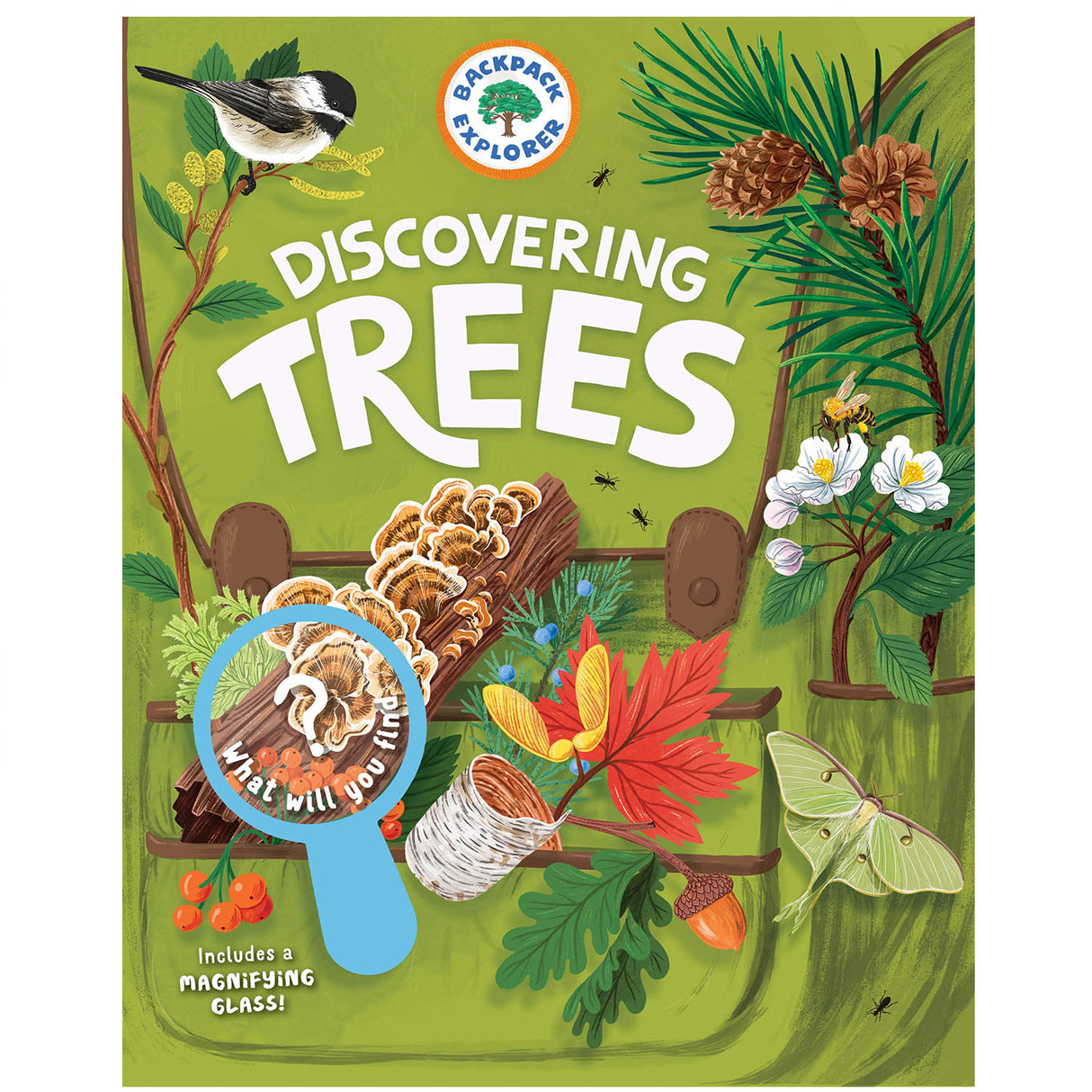 Backpack Explorer: Discovering Trees book cover with nature illustrations and a magnifying glass for kids' tree exploration.
