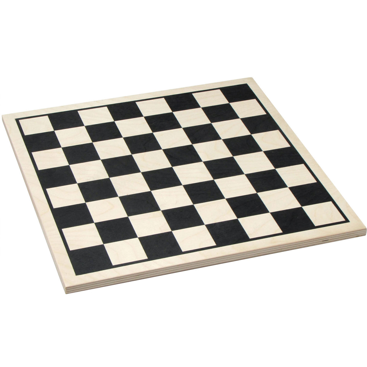 Checkerboard made of 1/2" birch plywood with sealed black and natural playing squares, 15" square board.