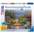 750pc Riverside Livingroom Puzzle featuring a mountain cabin campfire scene with chairs by a riverside.