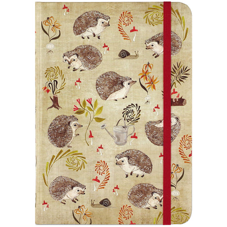 Hedgehogs Journal with woodland hedgehog, snail, and mushroom designs, red elastic band closure, and matte cover.