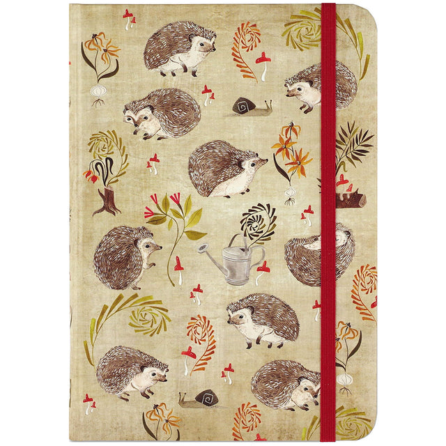 Hedgehogs Journal with woodland hedgehog, snail, and mushroom designs, red elastic band closure, and matte cover.