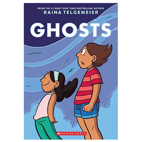 Cover of Ghosts by Raina Telgemeier showing two children looking up against a blue sky background.