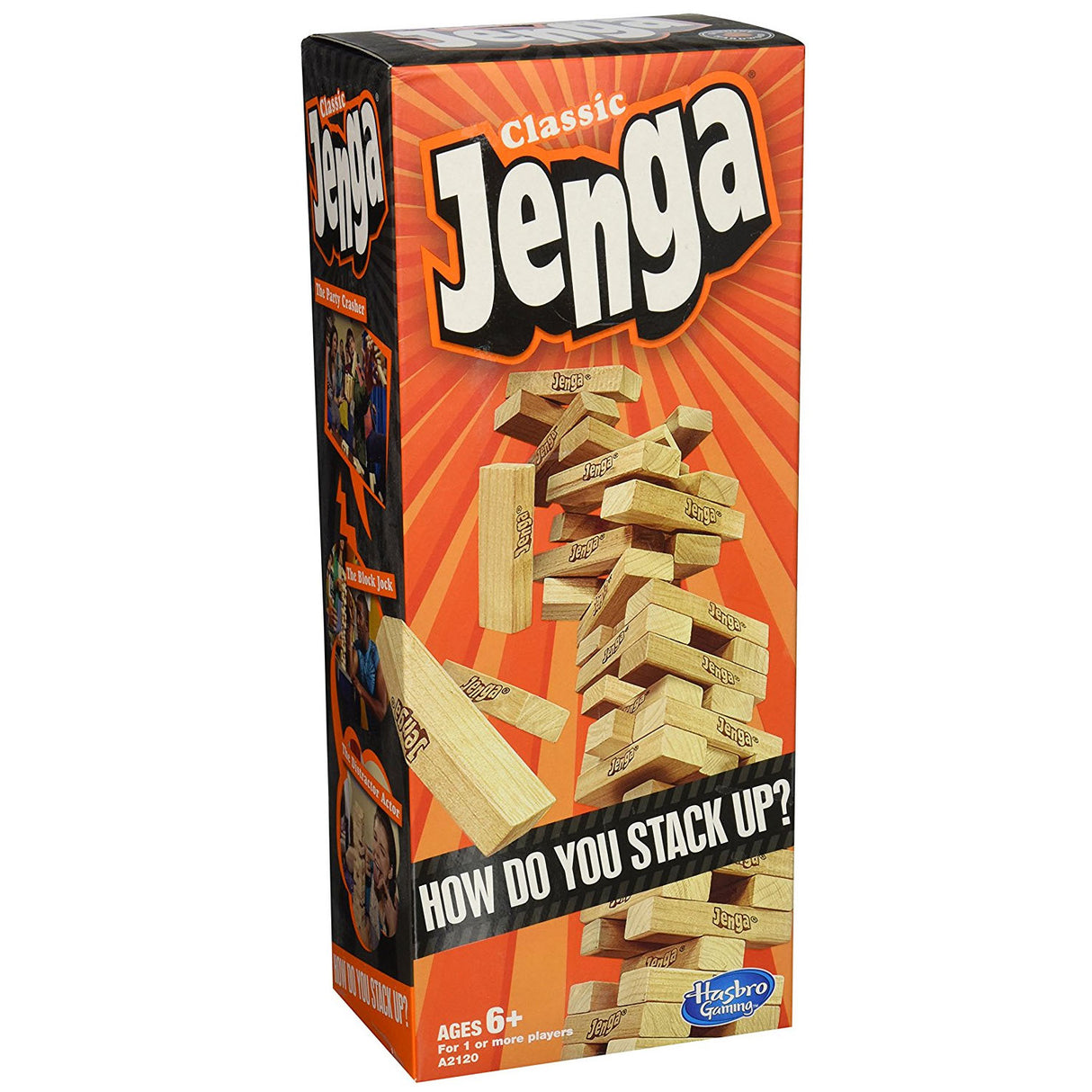 Classic Jenga game box showing stacked wooden blocks mid-collapse on an orange background with the product title.
