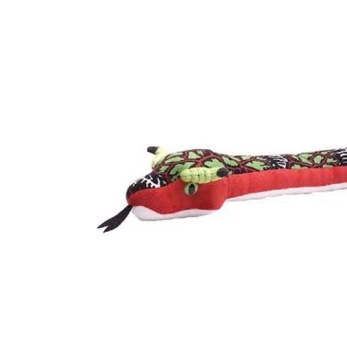 Dragonbone Snake plush toy with bright red body, green and black scales, white belly, two horns, and forked black tongue.