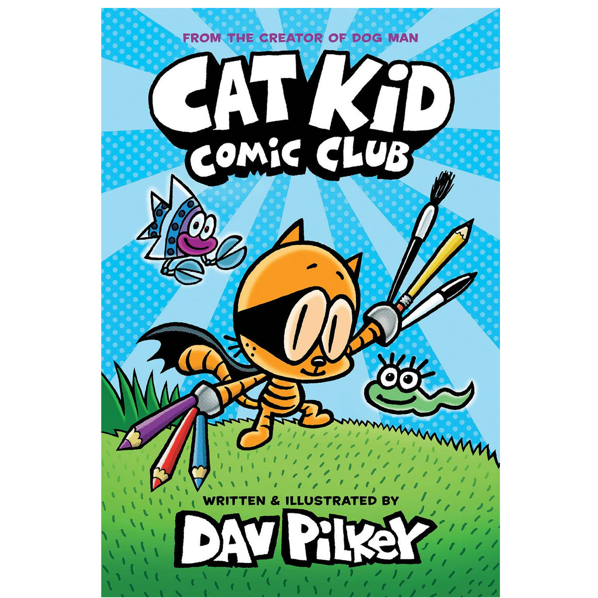 Cat Kid Comic Club #1 book cover featuring an illustrated orange cat with art supplies by Dav Pilkey