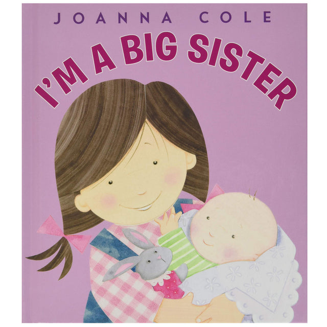 I'm a Big Sister" book cover showing a smiling older sister holding a baby and a stuffed bunny toy.