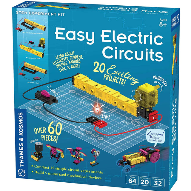 Easy Electric Circuits STEM kit with 20 projects, 60 pieces, motorized devices, and hands-on circuit experiments for ages 8+.