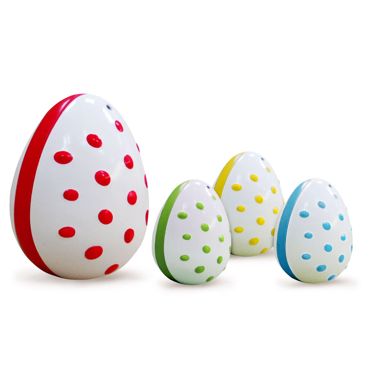 Easy Grip Egg Shaker set with colorful painted bumps, easy to hold and fun for kids, durable and safe for all ages.