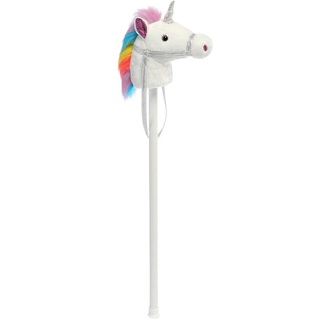 Hobby Horse White Unicorn with rainbow mane, silver bridle, and 37" wooden stick for imaginative play.