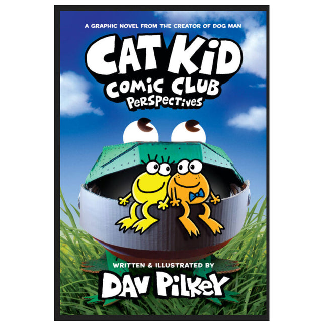 Cover of Cat Kid Comic Club #2: Perspectives featuring two colorful frogs inside a cardboard box with cartoon eyes on top.