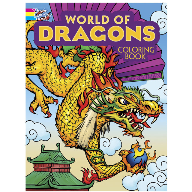 Cover of World of Dragons Coloring Book featuring a vibrant, fire-breathing Asian dragon in a colorful scene.