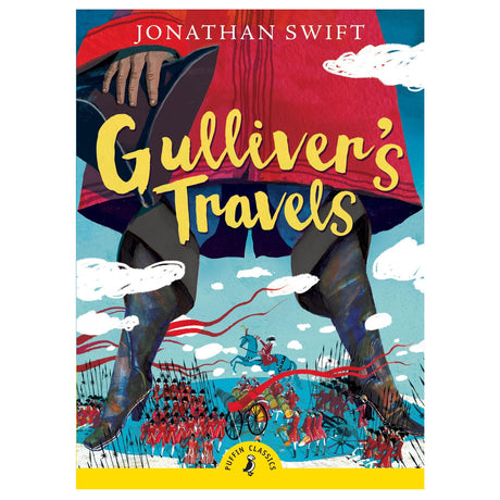 Gulliver's Travels book cover showing giant legs towering over tiny Lilliputian soldiers in a colorful illustration.