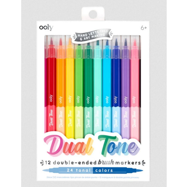 Dual Tone Brush Markers pack of 12 double-ended brush markers with 24 vibrant tonal colors for writing and art projects.