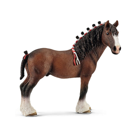 Clydesdale Gelding Horse figurine with brown coat, white feathered legs, and braided mane, perfect for ages 3-8 years.