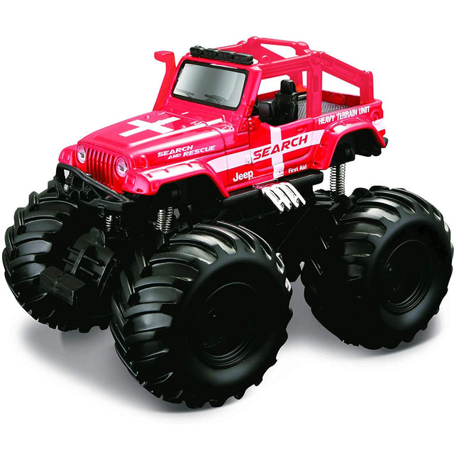 Earth Shockers Monster Truck in bright red with giant soft tires and detailed chassis, ready for pullback motor action.
