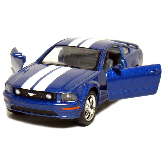 2006 Ford Mustang GT diecast model in blue with white stripes, openable doors, and detailed design, 1:38 scale collectible.