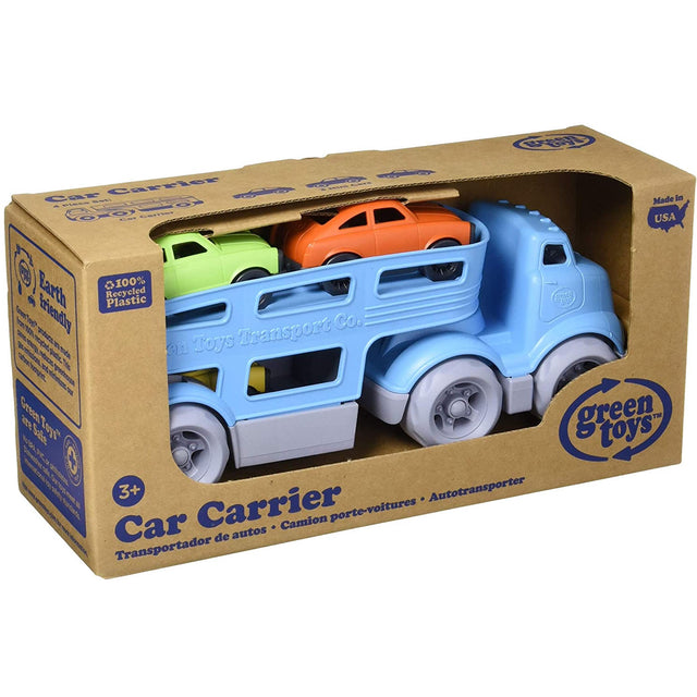 Car Carrier toy with blue double-decker truck and three colorful Mini Cars, eco-friendly and safe for kids.