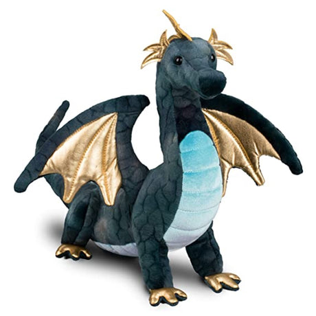 Dragon Aragon plush toy with navy scales, turquoise belly, and metallic gold wings, crest, and feet in an alert pose.