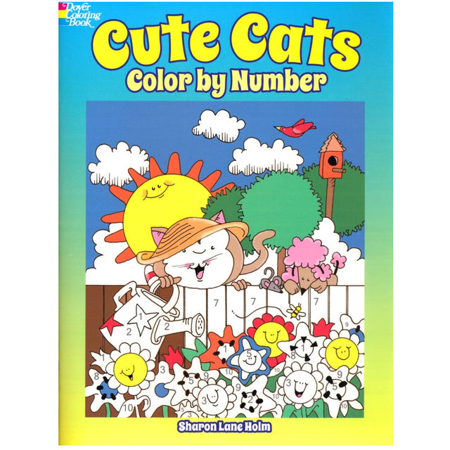Color by Number Cutie Cats Coloring Book with cheerful cat and flowers, perfect for kids ages 4-7 to color by number.