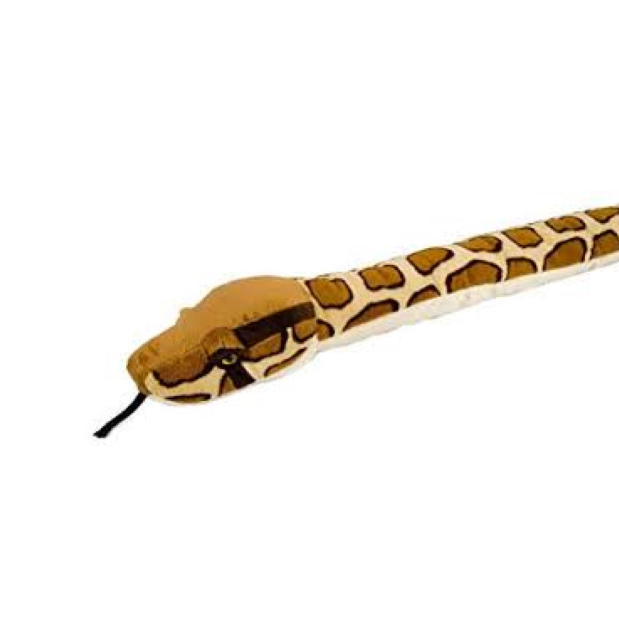 Plush Burmese Python Snake toy in sandy brown with dark patches, soft and cuddly for ages 0 and up, measuring 54 inches long.