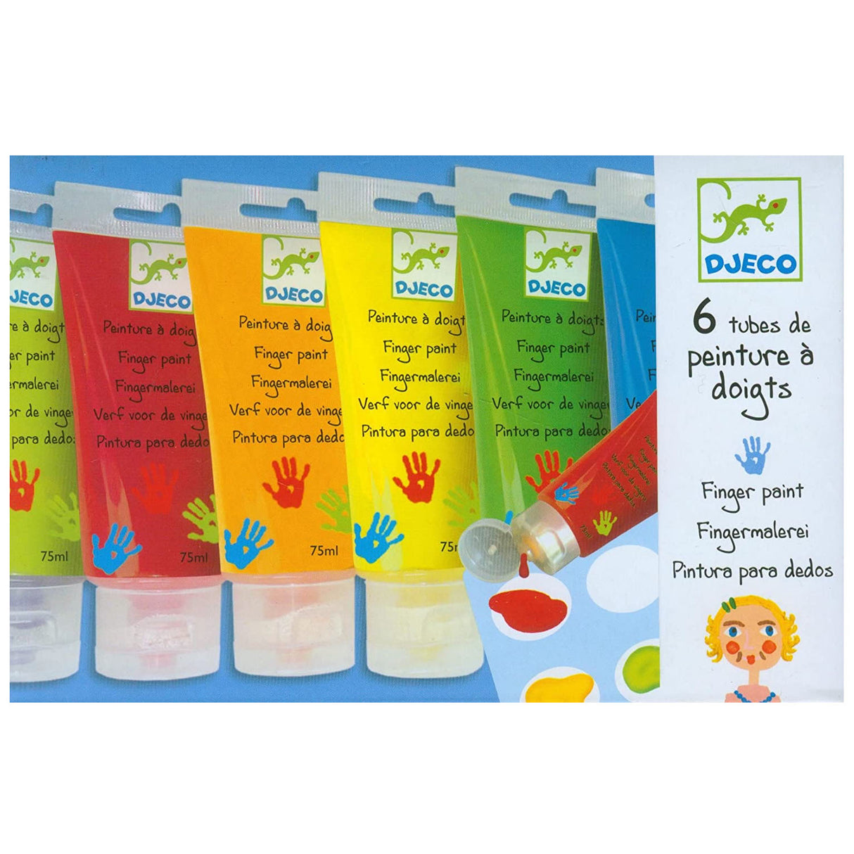 Finger Paint tubes in six colors with mixing card, perfect for kids' first art projects and creative play.