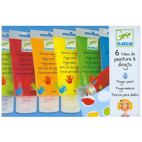 Finger Paint tubes in six colors with mixing card, perfect for kids' first art projects and creative play.