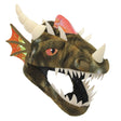 Dragon Jawesome Hat with mottled green velboa, orange scales, felt teeth, ivory horns, and hidden treasure pocket.