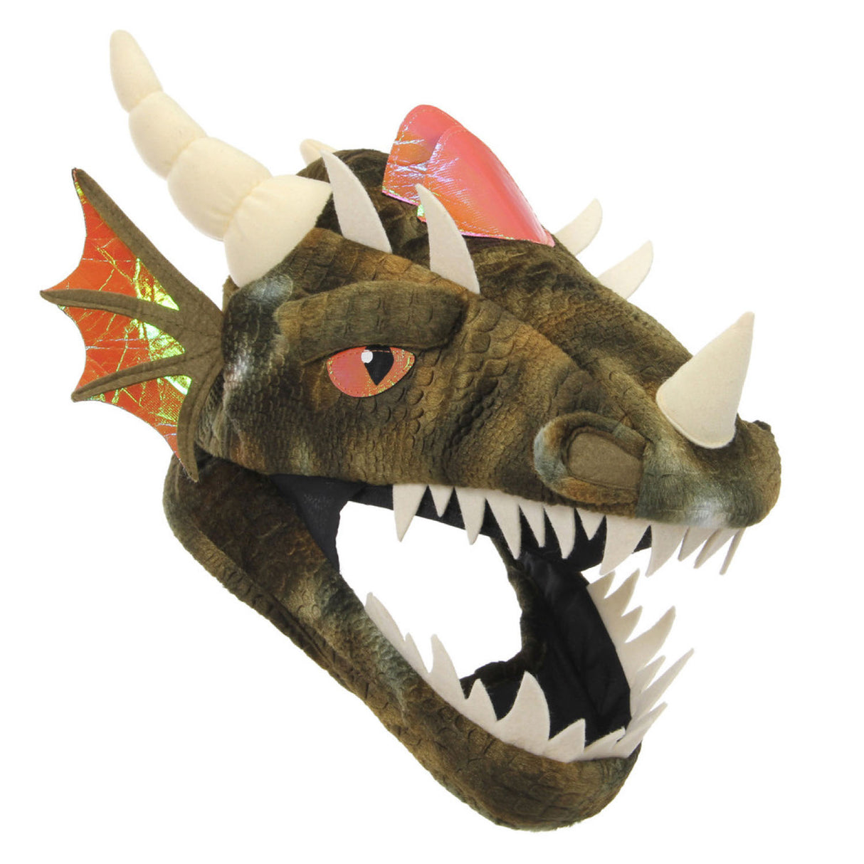 Dragon Jawesome Hat with mottled green velboa, orange scales, felt teeth, ivory horns, and hidden treasure pocket.