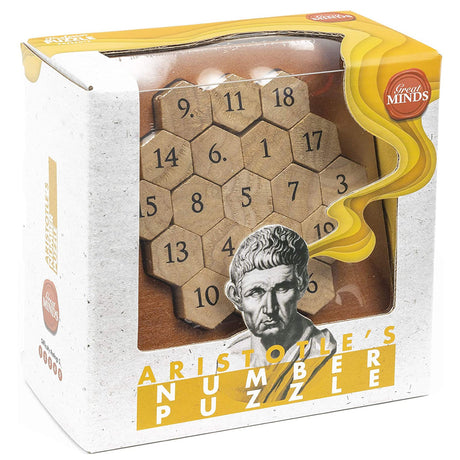 Aristotle Number Puzzle wooden brainteaser with numbered hexagonal pieces in a boxed set for ages 8 and up.