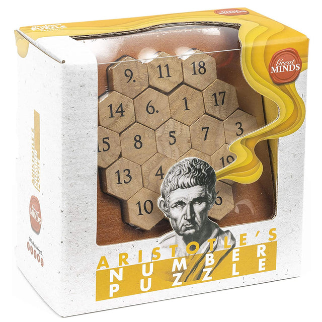 Aristotle Number Puzzle wooden brainteaser with numbered hexagonal pieces in a boxed set for ages 8 and up.