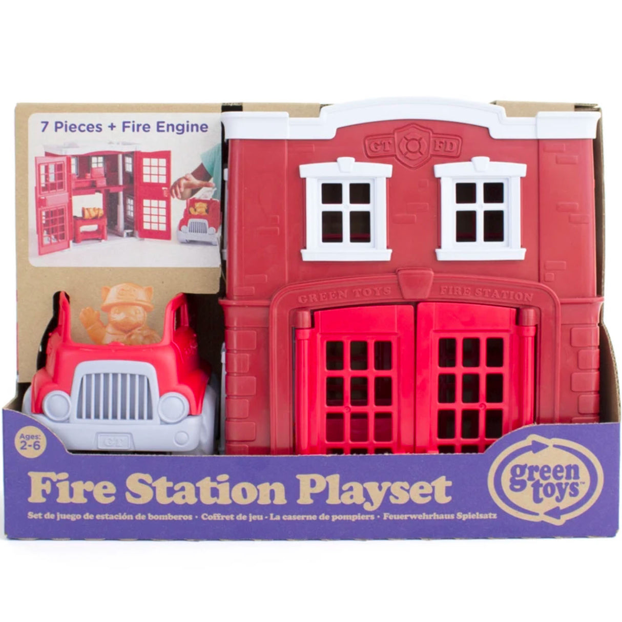 Fire Station Play Set with red fire station, fire engine, firefighter cat figure, and opening doors for imaginative play.