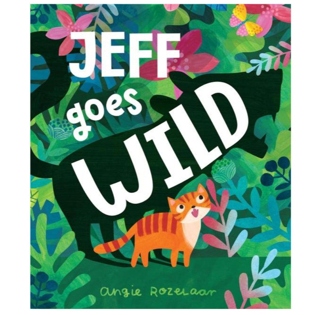 Cover of Jeff Goes Wild showing an orange cat in a colorful jungle with silhouettes of wild animals and plants.