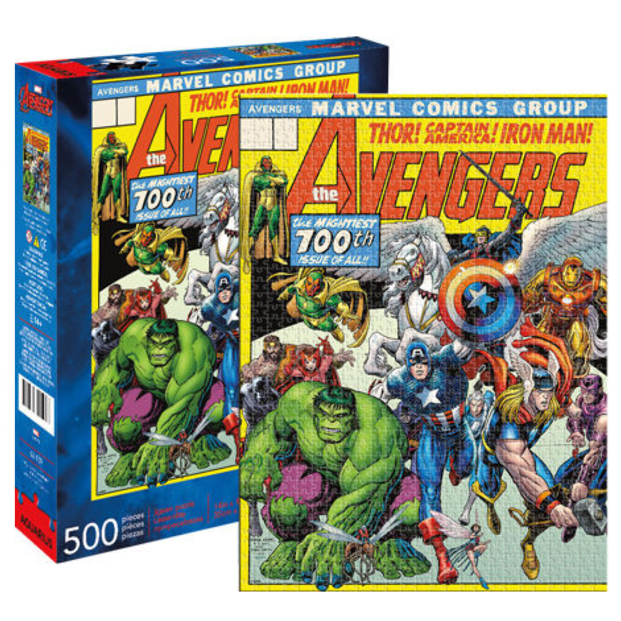 500pc Avengers Cover Puzzle featuring classic comic art of Thor, Captain America, Iron Man, and the Hulk by Arthur Adams.