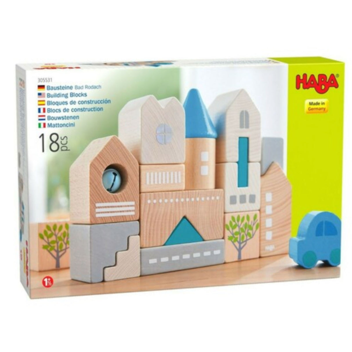 Bad Rodach Wooden Building Blocks set with 18 beech wood pieces for creative play, made in Germany by HABA.
