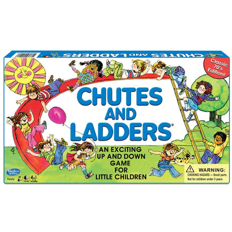 Chutes and Ladders classic 70s edition board game with colorful kids playing on slide and ladder design on box cover.