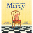 Book cover of A Piglet Named Mercy showing a small piglet sitting on a wooden chair in a yellow room.