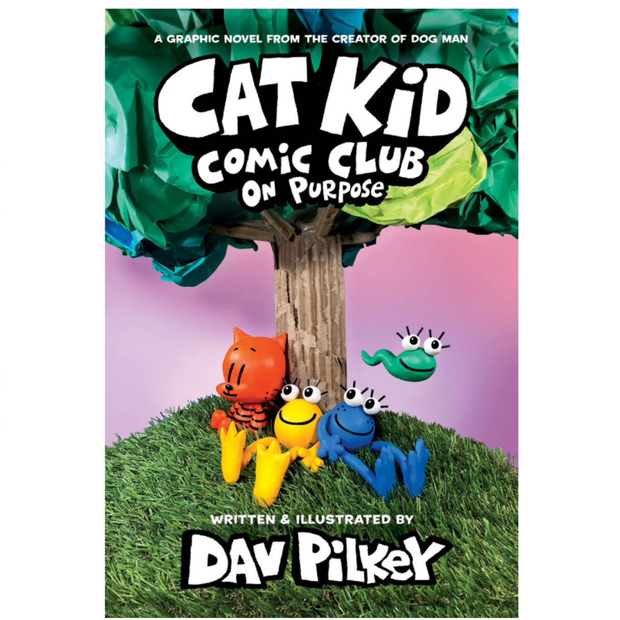 Cover of Cat Kid Comic Club #3 On Purpose showing colorful baby frog characters sitting under a large tree by Dav Pilkey