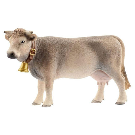 Braunvieh Cow figurine with detailed brown-grey coat and golden bell, measuring 5.12 x 1.5 x 3.07 inches.