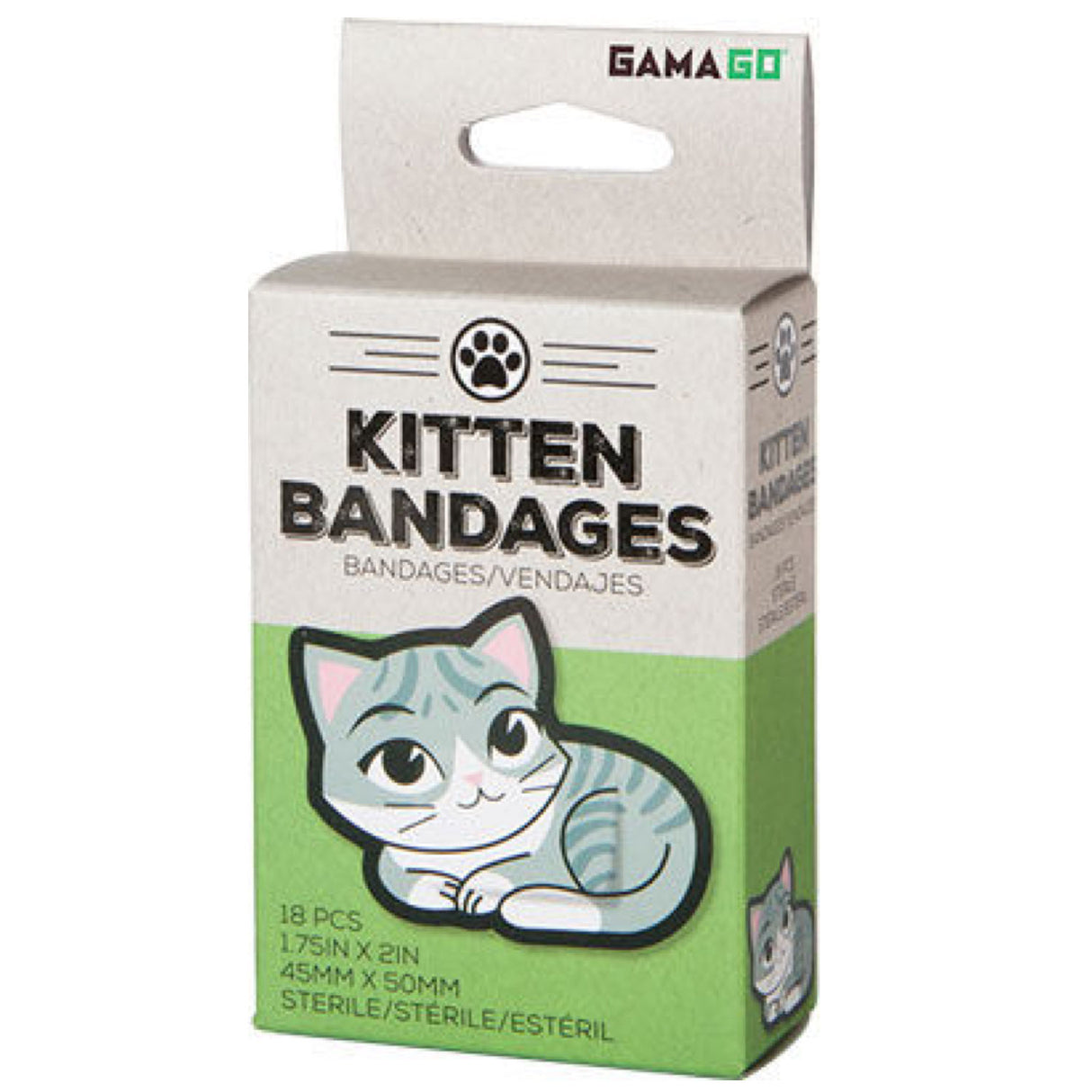 Kitten Bandages box with a cute gray tabby kitten illustration containing 18 sterile adhesive bandages.