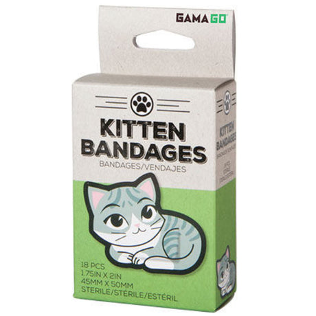 Kitten Bandages box with a cute gray tabby kitten illustration containing 18 sterile adhesive bandages.