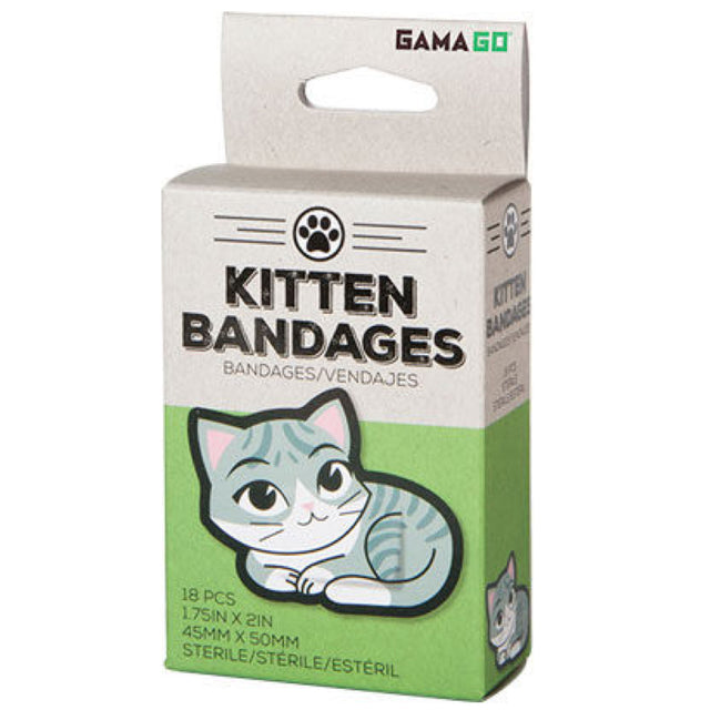 Kitten Bandages box with a cute gray tabby kitten illustration containing 18 sterile adhesive bandages.