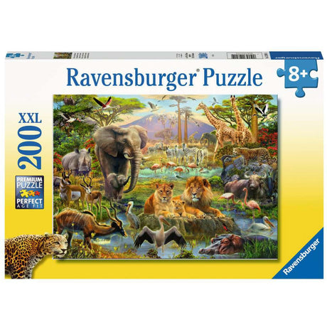 200pc Animals of the Savannah Puzzle by Ravensburger showing colorful savannah wildlife including elephants, lions, giraffes, and more.