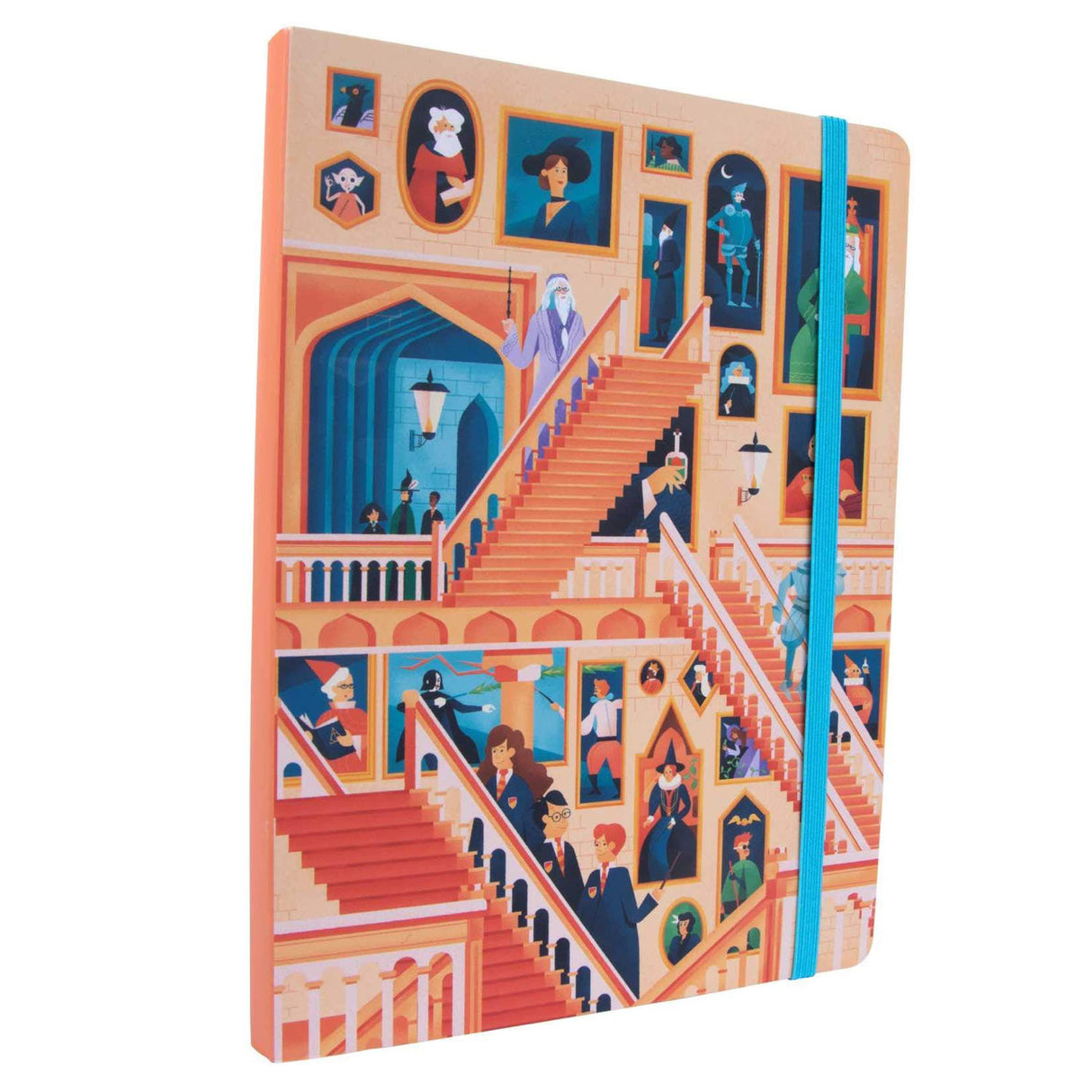 Hogwarts Grand Staircase Notebook with whimsical Studio Muti artwork, 240 ruled pages, ribbon placeholder, and elastic band.