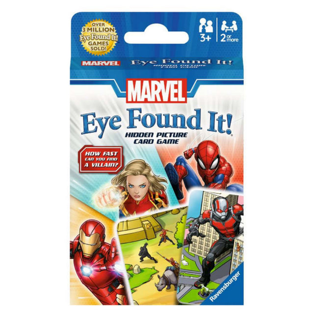Marvel Eye Found It! hidden picture card game featuring Spider-Man, Iron Man, and Captain Marvel characters.