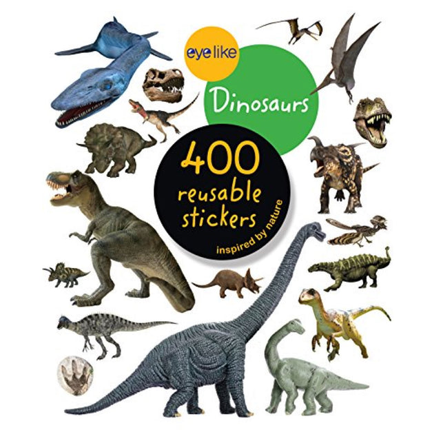 Eyelike Stickers: Dinosaurs featuring 400 reusable, lifelike dinosaur stickers including T-rex and triceratops.