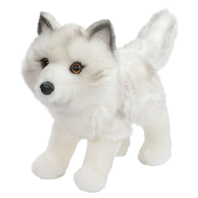 Arctic Fox Queenie plush toy with ultra soft white and gray fur, black nose, and brown eyes, 11 inches tall.