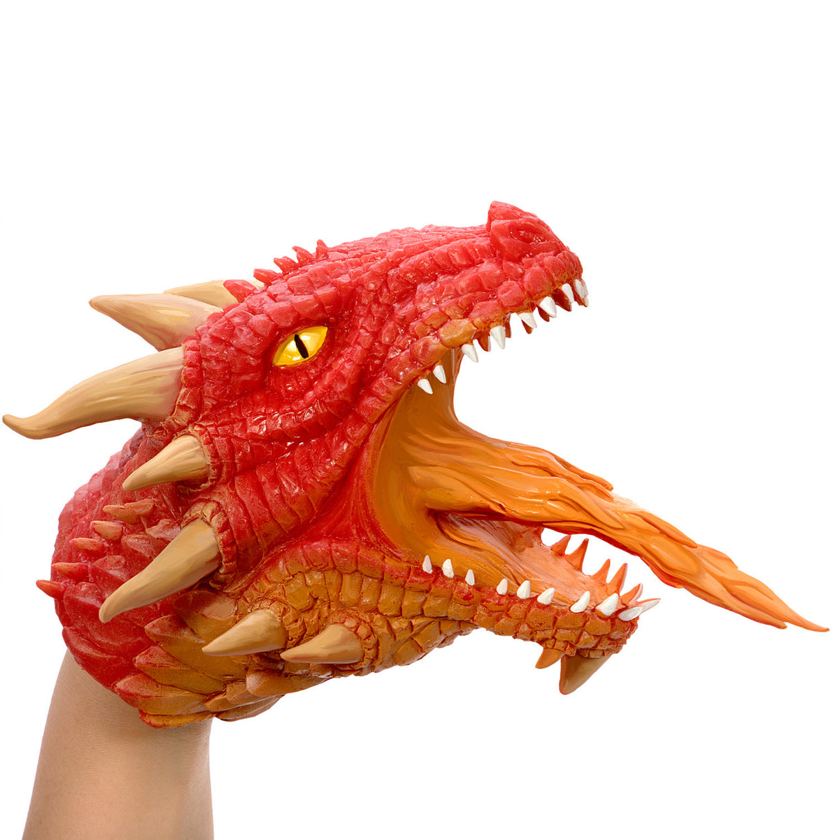 Hand wearing the Dragon Rubber Puppet with fire detail, turning the hand into a fire-breathing dragon toy.