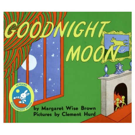 Goodnight Moon book cover with green room, window showing night sky, and cozy fireplace illustration.